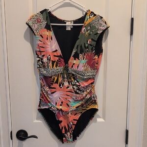 Bleu Rod Beattie Girls Tropical Print One-Piece Swimsuit in Coral, Green & Black